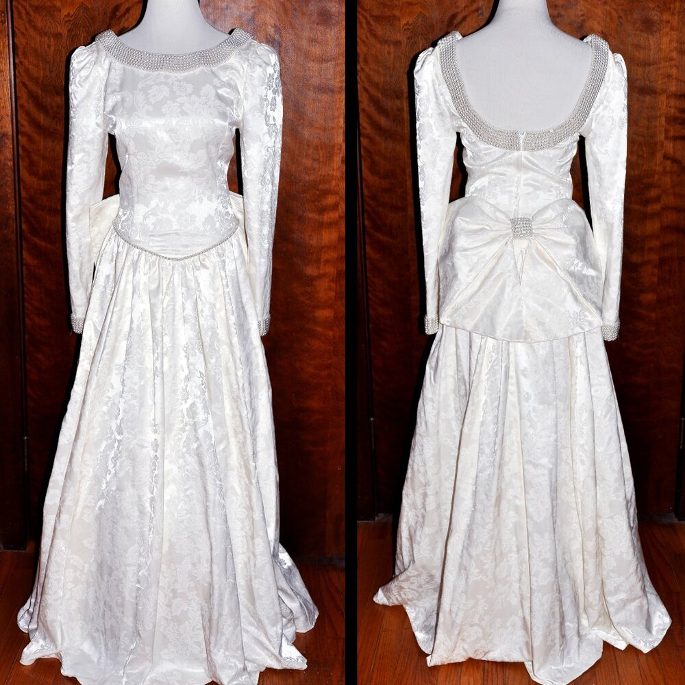 Vintage Jessica McClintock White Brocade & Pearl Bare Back Bustle Wedding Gown